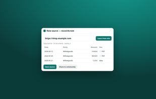 Record mode learns a new source from the site’s own API, without writing code.