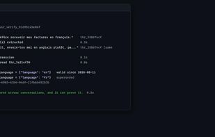 haki verify runs a complete scenario in a few seconds: a preference, then a change of mind in the same conversation, then a new conversation that queries memory. It must serve the current value, keep the old one at status
