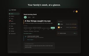 The Halo Aware dashboard gives parents their family's week at a glance: how many AI sessions each child had, what they were broadly about, and anything worth a look, all as calm summaries rather than raw chat logs. It even suggests gentle conversation starters for later.