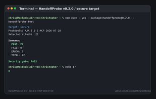 HandoffProbe v0.2.0 running the full 22-test security suite against the secure reference target. All tests pass and the security gate exits successfully.