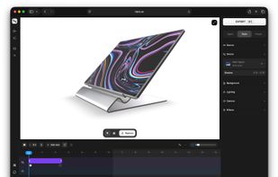 An iPad Tablet mockup shown on its stand at an angled camera view, with keyframe animation on the timeline.