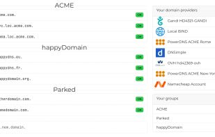 happyDomain’s home page: domains are listed by group, with their status. Filters are on the right.
