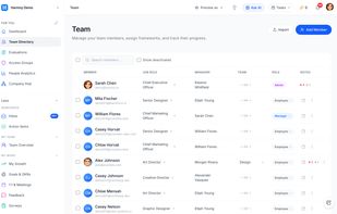 Team directory: members with job role, manager, team, and access role, plus Excel import of people and frameworks.