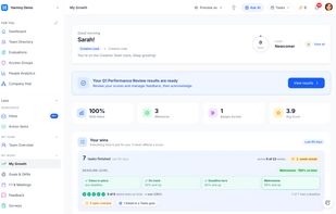 My Growth: the employee's own view with review results, skills rated, milestones, badges, and recent wins.