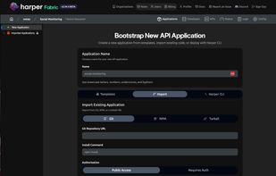 Harper Fabric's deployment dashboard, create new applications from templates, import from Git/NPM, or deploy via CLI. Manage databases, APIs, logs, and config from a single control plane.