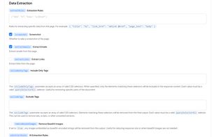 Define extraction rules and output options for data.