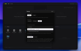 Verification modes: file size, destination hash, or source and destination hash