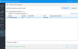 Backup image mounted as a new drive; its files can be explored via Windows Explorer