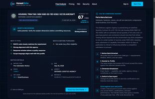Free analyzer result: a live SAM.gov notice scored against a sample business profile, with fit score, GO/NO-BID read, drivers, and cautions.