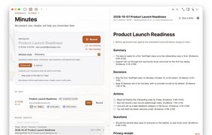 Minutes: record a call or meeting and get a note with a summary, decisions and action items, each linked to the moment it was said.