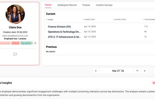 The Employee Overview page with centralized employee data, praises, active custom surveys, and AI analysis (if enabled for a particular employee).