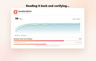 Writing a verifiable pattern across the card and reading it back, with live progress and speed