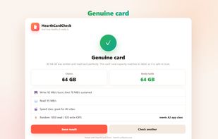 A genuine card passes: the advertised size and the verified real size match