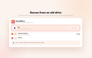 Rescue from a drive whose PC no longer boots: the old Windows on it is found, its users listed, and their files, settings and app list read without ever writing to the drive