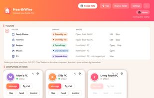 The main window: every computer in the home, with shared folders and quick actions.