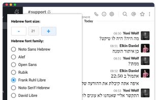Customise the font families and font size by clicking on the extension icons when you are in Slack tab.