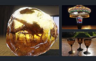 A mosquito in amber, a stained glass lamp and brass goblets, each rendered by Heimdall3D from an ordinary model file.