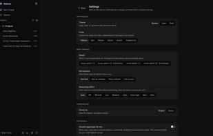 Settings: theme, code colours, approvals and updates