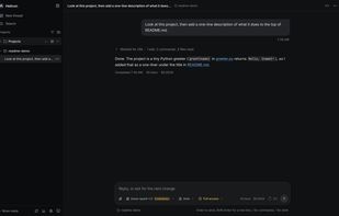 A thread in Helicon: projects in the sidebar, the agent's work summary, and the reply with what it cost