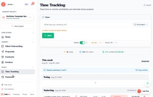 Start the timer, set your rate, mark the work billable. HelloNoa keeps a running total of hours you have not invoiced yet, then turns them into invoice lines.
