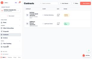 UK-law contract templates with e-signature built in. Each contract shows where it stands, awaiting signature or fully signed.