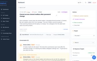 Ticket detail with customer conversation and internal note