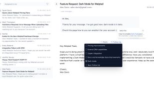 Editor in Helptail to reply to a support email. Shown is the quick-add to insert a link to a doc article. And below the dropdown to add an email to a Follow Up.