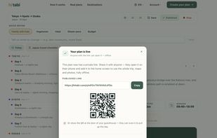 Publishing a plan produces a private share link and a QR code, with instructions for adding it to a phone's home screen — after which the entire trip works with no connection.