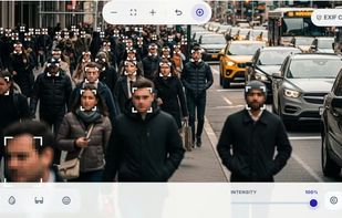 Automatic face detection in a crowded street scene with adjustable blur intensity and EXIF cleaner option.