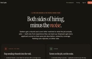The two-sided landing page — résumé tailoring and application tracking for job seekers, plus job-description-only applicant screening for employers.