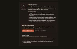 The free résumé check: a match score plus specific, interview-safe changes — grounded only in your real experience.