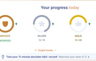 Bronze, Silver and Gold targets, calculated from your own recent activity rather than a preset. They rise as you find a rhythm and ease after time away.