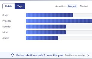 Each habit and life area has its own streak, alongside your overall streak. Missing one doesn’t break the rest, so you can keep building progress elsewhere.