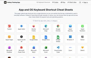 The HKeys app catalog. Keyboard shortcut cheat sheets for Figma, VS Code, Google Chrome, Microsoft Excel, Slack, Notion, macOS, Windows 11, and many more. Each app has a separate page per platform with a printable PDF cheat sheet. Browse at hkeys.app