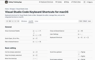 VS Code keyboard shortcuts for macOS on HKeys. Full shortcut table with platform switcher (Windows, macOS, Linux) and view modes (Full, Short, Icon). Free printable PDF cheat sheet available. hkeys.app/apps/vscode