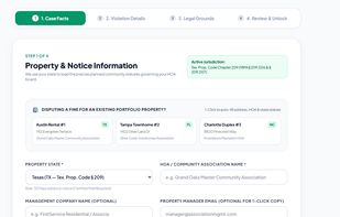 Step-by-step dispute package builder automatically citing state statutes and identifying notice service defects.
