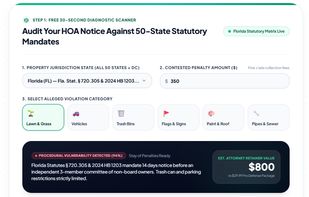 Interactive 50-state HOA notice diagnostic scanner auditing procedural defects and statutory compliance.

