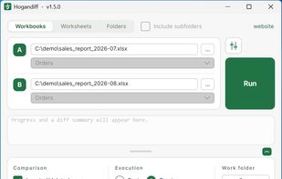 Comparison options: whether to account for inserted and deleted rows and columns, move detection, fuzzy name matching, and comparing by value or by formula.