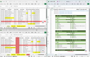What you get back: both workbooks with the changed cells colored in — yellow for changed, red for rows and columns that exist on only one side, blue for moved — plus a report listing every difference.