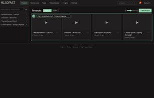 The dashboard: Projects, Review Links, Reels, Presentations and Insights behind one top navigation.