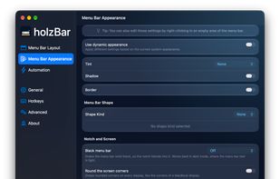 Menu Bar Appearance: tint, shadow, border, shapes, a black menu bar and rounded screen corners.