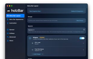 Menu Bar Layout: drag items between the visible and hidden sections, with groups, spacers and (Preview) widgets such as CPU load and free disk space.