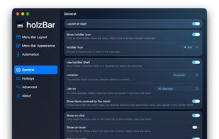 General settings: launch at login, the holzBar icon, the Shelf, and how hidden items are shown and rehidden.