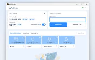 HopToDesk main window: your device ID and password, unattended access toggle, and recent sessions across Windows, Mac, Android and Linux devices.