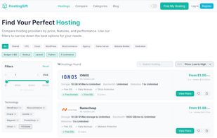 Hosting listing with filters by type, price range, and technology — showing intro and renewal prices for each provider.