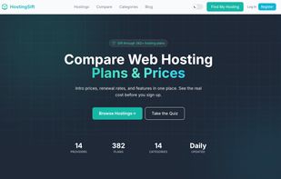 Home page with quick access to hosting comparison, recommendation quiz, and platform stats. 
