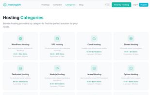 Hosting categories page — browse by type (WordPress, VPS, Cloud, Shared, Dedicated, and more) with price ranges and provider counts.