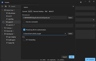 Options window, PuTTY configuration