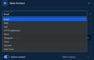 Alerts by email, SMS, voice call, Telegram, Slack, Discord, Viber, web push or webhook.