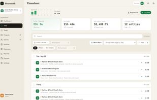 Review tracked client work in Hoursmith. Real application with fictional sample data.